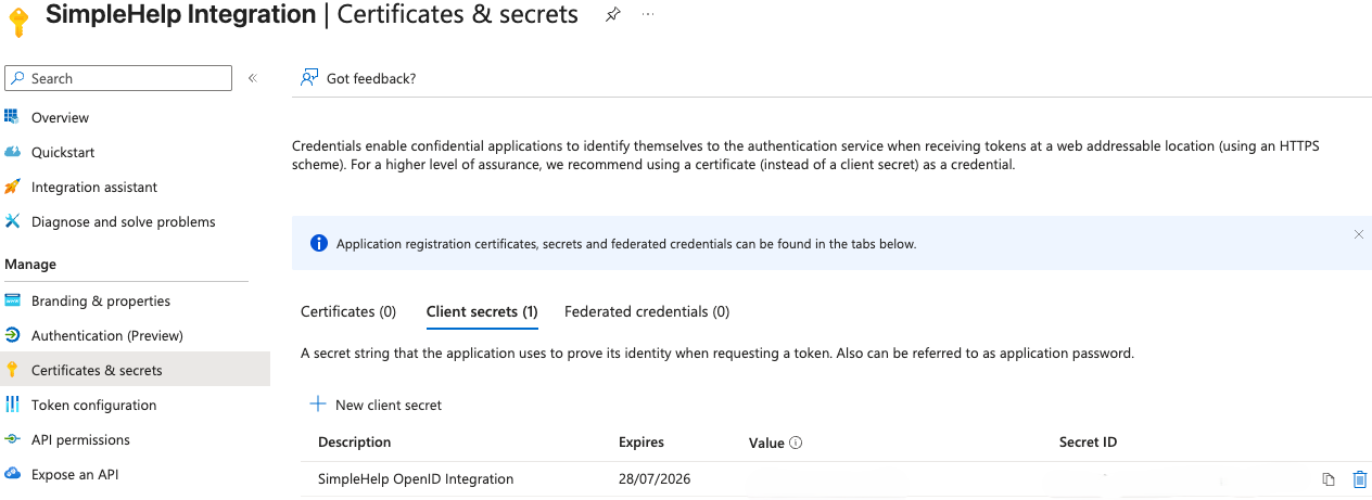Entra Secret Summary Screenshot